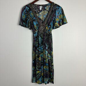 Vintage Y2K Babydoll Dress Midi Small Forest Fairy Boho Beaded Deep V Stretch
